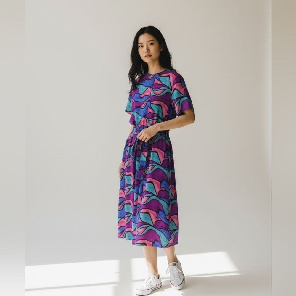 Vintage Cami Petites Multicolor Abstract Pattern Dress